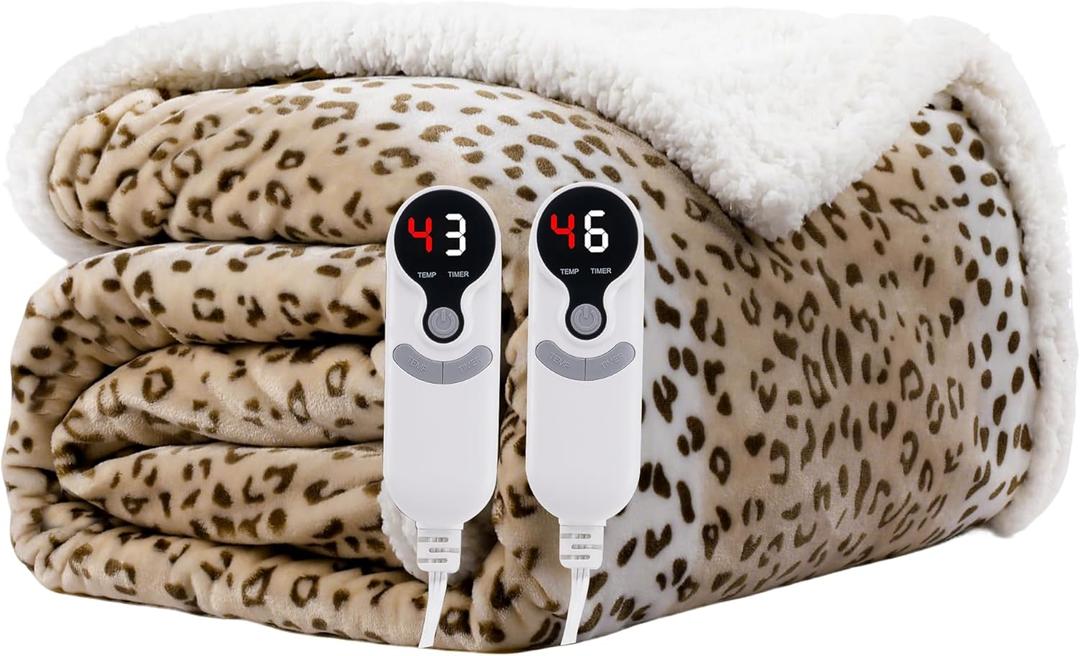 Electric Heated Blanket King Size 90"x100" - Microplush & Sherpa Fabric Dual-Sided, 9 Heat Settings & 10 Hours Auto Off, Cozy Warming Throw for Office or Bed, Machine Washable, Beige Leopard Print