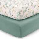 Blissful Diary Muslin Crib Sheets for Girl Boy, Boho Neutral Soft Cotton Baby Sheet for 52''x28'' Standard Crib Mattress, 2 Pack(Roman Green&Leaf)