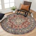 Lahome Oriental Washable Round Area Rug, Non-Slip Round Rugs 6ft Ultra-Thin, Soft Large Throw Circle Carpet for Living Room Bedroom Kitchen Nursery Eleanor, Brick Red