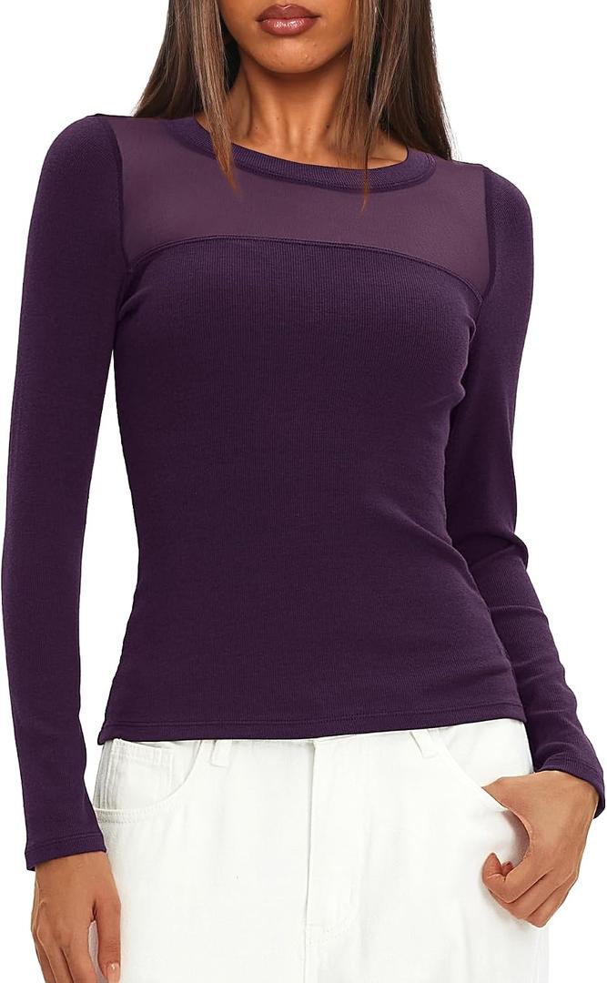 Darong Womens Mesh Sheer Long Sleeve Top Crew Neck Slim Fit Shirts Sexy Casual Going Out Blouses