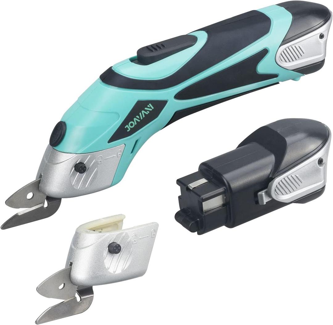 Cordless Electric Scissors for Cutting Fabric, Cardboard, Box Cutter, Carpet. Power Shears for Sewing, Scrapbooking, Crafting (2pc Battery, 2pc Blade - Lower Noise) (Turquoise Green (With X2 Battery))