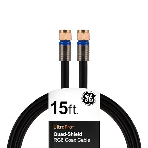 GE RG6 Coaxial Cable, 15 ft. F-Type Connectors, Quad Shielded Coax Cable, 3 GHz Digital, In-Wall Rated, Ideal for TV Antenna, DVR, VCR, Satellite, Cable Box, Home Theater, Black, 33732