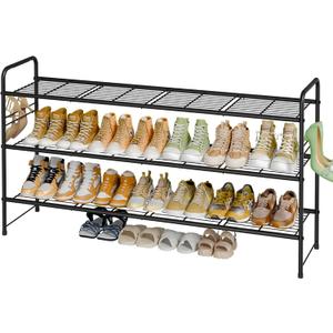 3 Tier Shoe Rack for Closet, 46.5 Inch Extra Long Shoe Storage Organizer for Shelves, Heavy Duty Metal, Easy Assembly, Black
