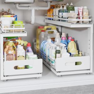 2 Pack 21 IN Depth Pull Out Cabinet Storage With Smooth Rails,2-Tier Dual Pull Out Cabinet Storage For Bathroom Kitchen,Under Sink Shelf-White