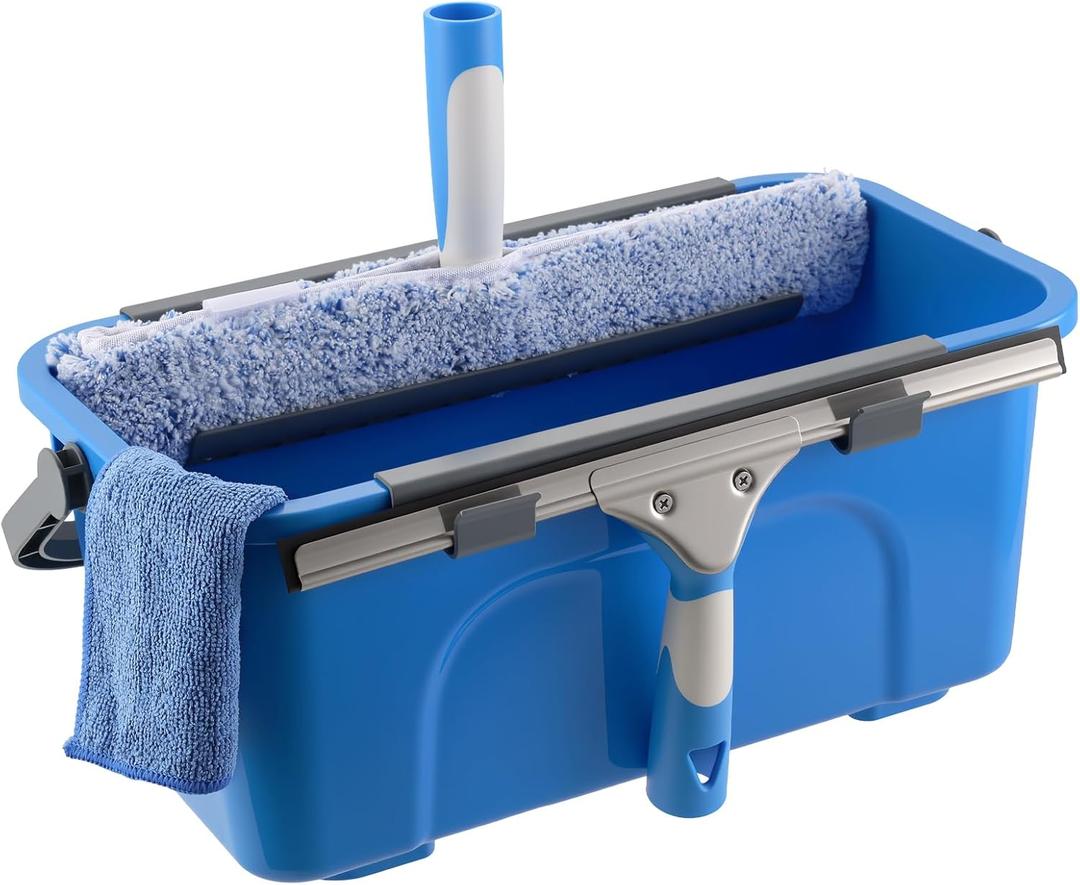 Mitclear Professional Window Cleaning Kit, Include Compact Cleaning Bucket 3 Gallon, Silicone Squeegee, Microfiber Scrubber, Cloth, All-in-one Window Cleaning Supplies, Commercial & Household Use