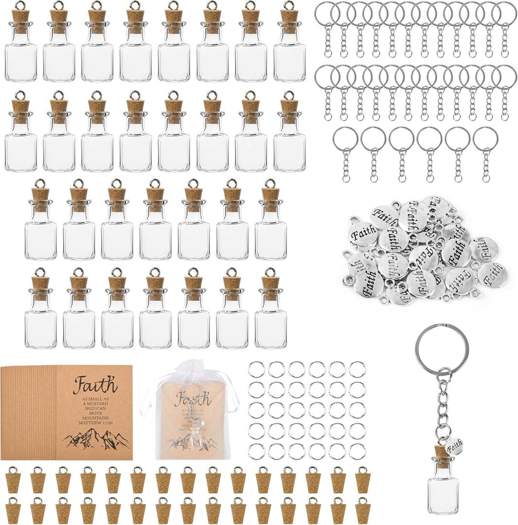 30 Sets Christian Gifts Mustard Seed Keychain Includes 30 Pcs DIY Craft Mini Glass Bottles with Cork Faith Charms Christian Cards Religious Inspirational Gift for Women Men, Without Seed(Classic)