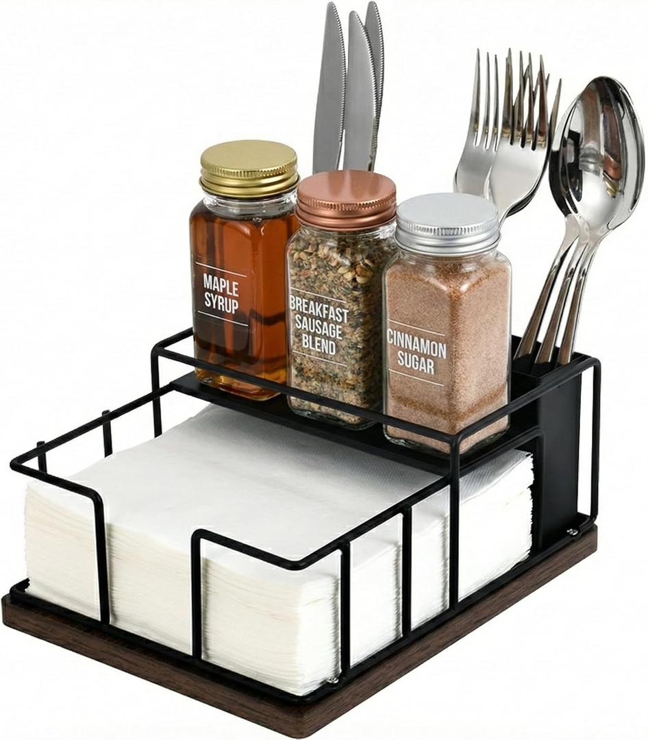 Napkin Holder for Table, 3-in-1 Wood & Metal Utensil Caddy, Cutlery Organizer & Spice Rack for Kitchen Counter, Dining, Outdoor Patio (Black)