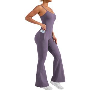 YEOREO Flare Jumpsuits for Women One Piece Mena Workout Sleeveless Wide Leg Jumpsuits with Pockets Bodycon Gym Yoga Romper