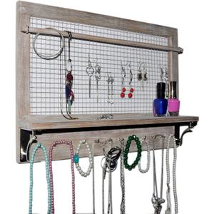 Spiretro Jewelry Organizer, Wall Mount Jewelry Holder Rack with Hooks Shelf and Removable Rod, Hanging Earrings Necklaces Bracelets Rings, Storage Accessories, Rustic Wood_Grey
