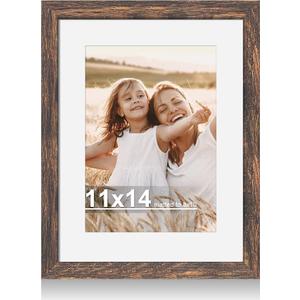 11x14 Picture Frame with Real Glass - 8x10 Wooden Frame with Mat, Horizontal and Vertical Display for Wall or Tabletop (Rustic Brown, 1 Pack)