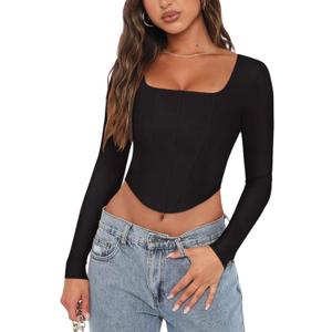 REORIA Womens Trendy Sexy Square Neck Long Sleeve Backless Y2K Going Out Boned Bustier Corset Crop Tops, Large