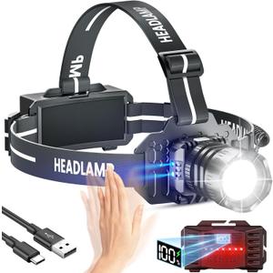 LED Rechargeable Headlamp, Head Lamp Super Bright with 9 Modes & IPX6 Waterproof Zoomable Head Lights for Forehead, 90 Adjustable Headlamps for Camping Hiking Hunting Fishing Car Repair (1 Packs, Black)