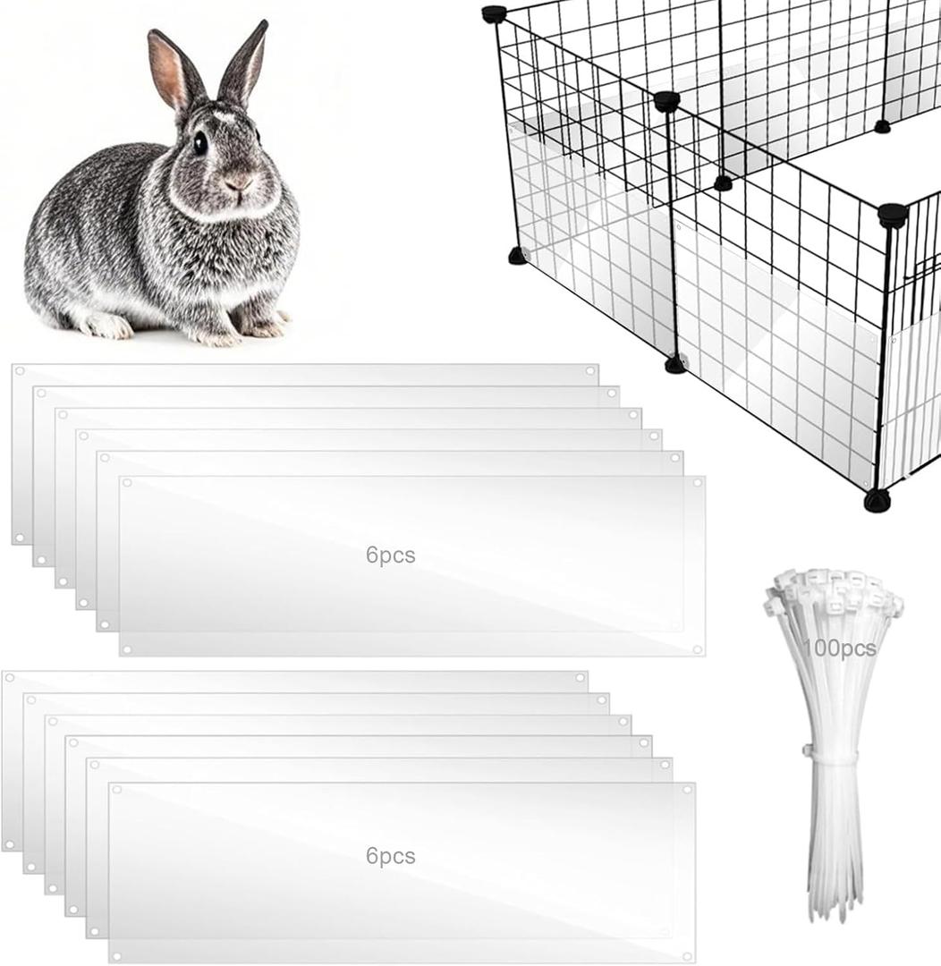12 Pcs Clear Pet Cage Guard 14"x4.5" with Zip Ties, Flexible Scatter & Urine Barrier for Rabbit Guinea Pig Hamster C&C Wire Playpen