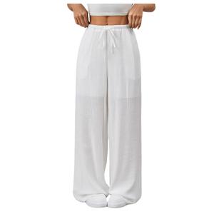SHENHE Women's Drawstring Tie Front Straight Leg Pants Wide Leg Elastic Waist Pants White Medium (White, M)