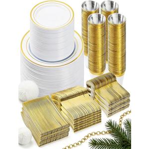 BESTVIP 600PCS Gold Dinnerware Set for 100 Guests, Plastic Plates for Party, 100 Gold Disposable Plates, 100 Dessert Plates, 100 Cups, 100 Spoons, 100 Forks and 100 Knives
