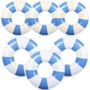 6 Pcs Large Swim Ring with Handles 47.24 Inch 35.43 Inch Inflatable Striped Pool Inner Tubes Swimming Pool Ring Float for Teens Adults Summer Beach Party Supplies(Blue White)