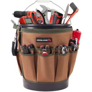 IRONLAND Bucket Tool Organizer Fit 5 Gallon Bucket, 14 Pockets, Bucket Tool Caddy Organization for Garden, Construction, Carpenter, Electrician, Builder Brown