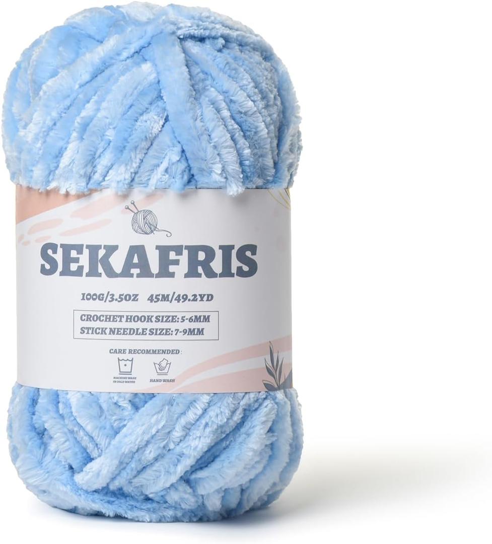 Fuzzy Chunky Chenille Yarn for CrochetingSoft Plush Yarns for Hand KnittingBulky 100 g49.2 yd Baby Blanket Yarn for Crocheting AmigurumiCrochet Fluffy Velvet Yarns (Sky Blue)