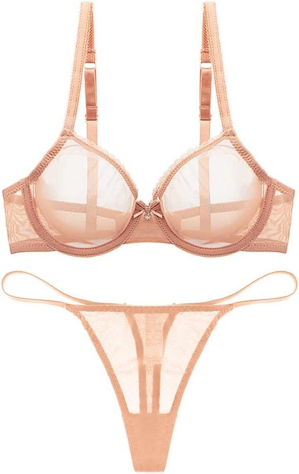 Women See Through Mesh Bra and Thong Set Transparent Sexy Underwear (Beige, S)