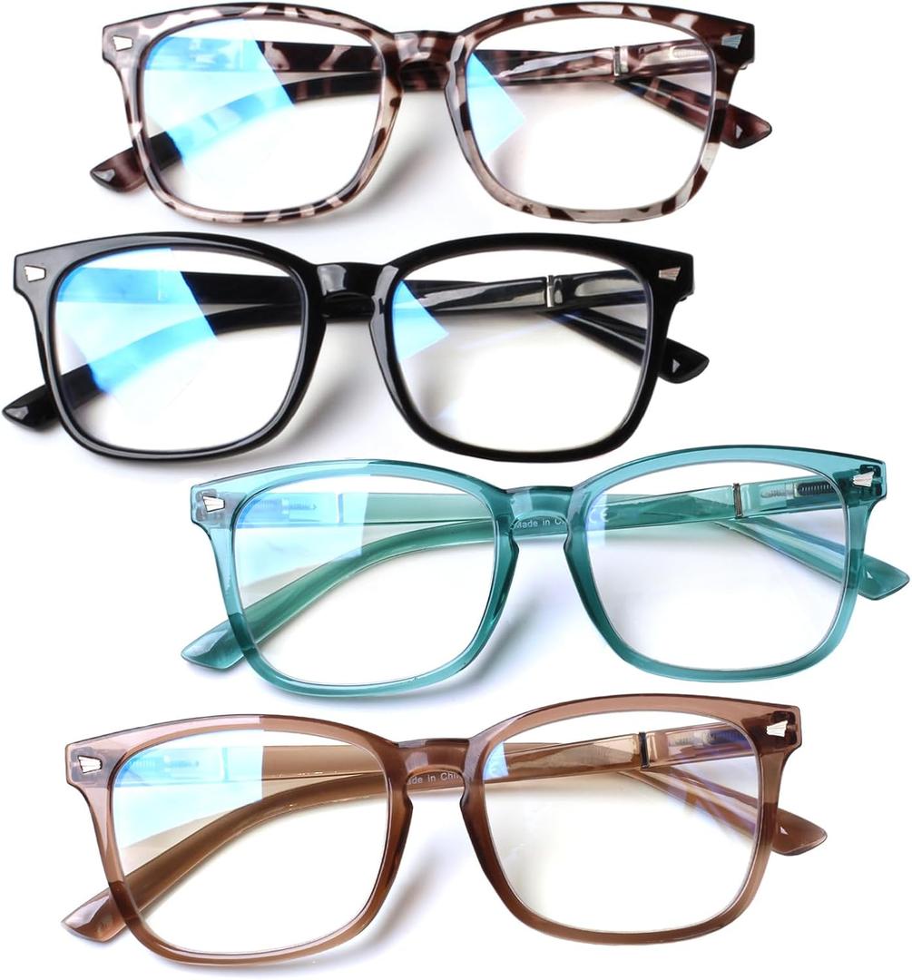 Henotin 4-Pack Blue Light Blocking Reading Glasses Women Men,Spring Hinge Computer Readers,Anti UV Ray Square Nerd Eyeglasses (4-pack Mix Color, 1.50, Diopters)
