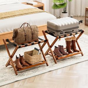 SpaceAid Fully Assembled Luggage Rack 2 Pack, Bamboo Foldable Suitcase Stand for Guest Room, Heavy Duty Folding Luggage Holder with Storage Shelf for Bedroom and Hotel, Walnut