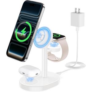 2026 3 in 1 Wireless Charging Station for Apple MagSafe Charger, 15W Fast Mag-Safe Charger Stand for iPhone 17 16 15 14 13 12 Apple Watch AirPods Compatible with MagSafe, White