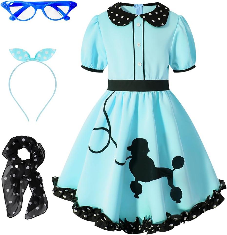 Kids Girls 1950s Poodle Party Dresses Halloween Costume Skirt Set Dress Up (4-5 Years, Blue)