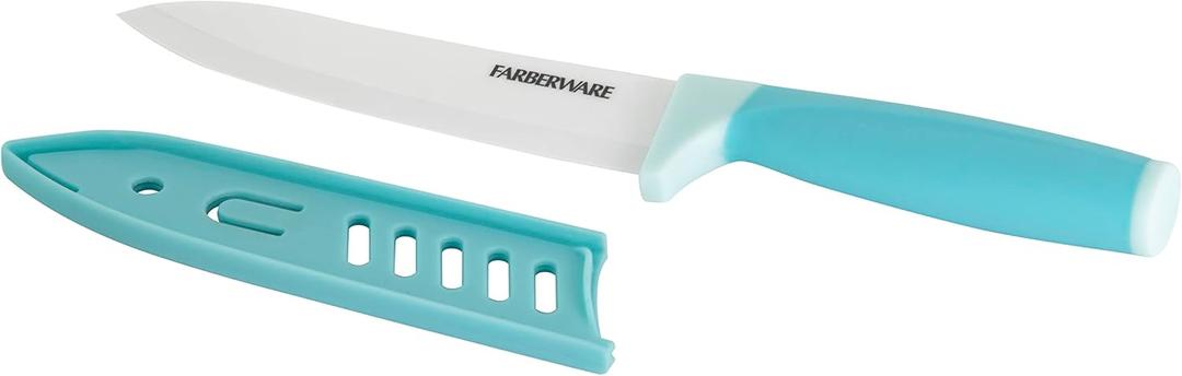 Farberware Ceramic Chef Knife with Custom-Fit Blade Cover, Razor-Sharp Kitchen Knife with Ergonomic, Soft-Grip Handle, Dishwasher-Safe, 6-inch, Aqua