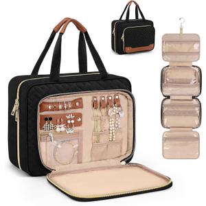 Wedama Toiletry Bag for Women, Hanging Travel Toiletry Bag with Jewelry Organizer Compartment Large Makeup Bag, PVC Waterproof Cosmetic Travel Bag for Travel Business Trips Camping Bathroom, Black
