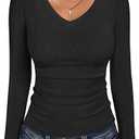 ANRABESS Long Sleeve Shirts for Women V Neck, Blue, Extra Small