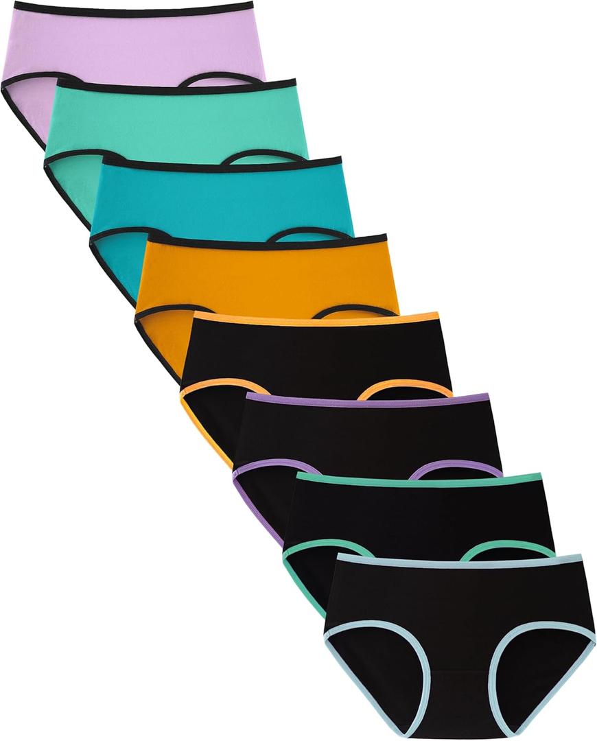 Girls Underwear for Teens Ages 8-16 Cotton Soft Girls Panties Pack of 8 (14-16 Years, 4 Black/4 Bright)