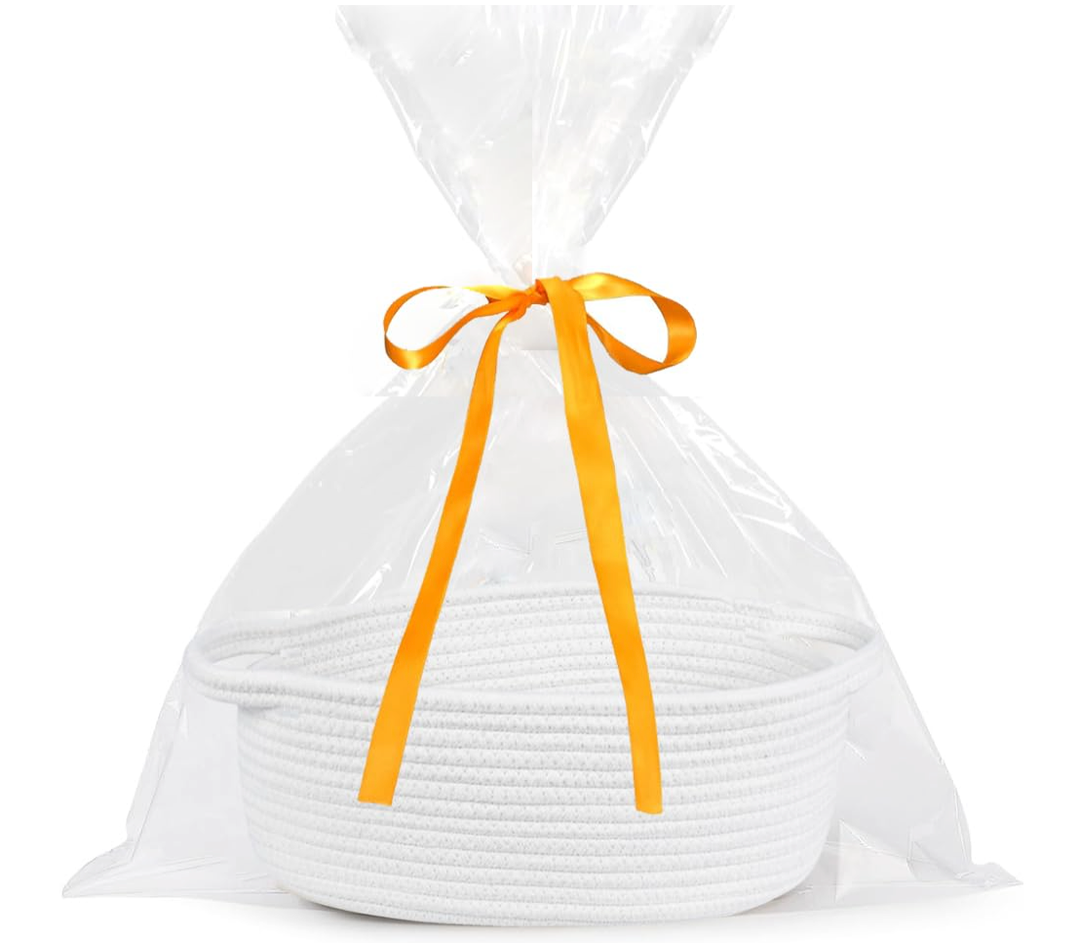 ABenkle Small Basket Empty Gift Basket, Decorative Boho Rope Woven Nursery Storage Organizer Dog Toy Baskets for Baby Showers Christmas Easter with Gift Bags and Ribbons, 12"X 8" X 5"
