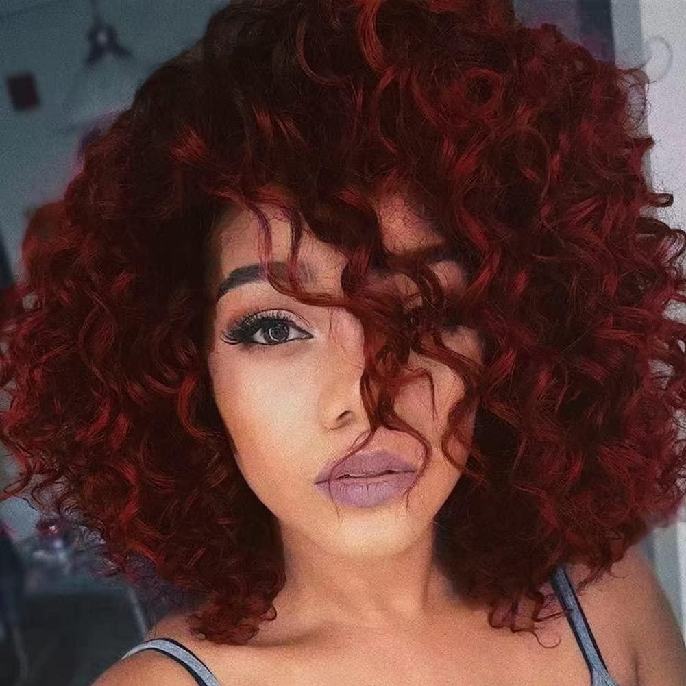 Short Wine Red Afro Curly Wig with Bangs for Black Women Natural Synthetic Curly Halloween Cosplay Costume Wigs with Wig Cap(Wine Red)