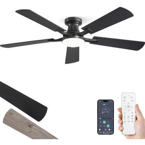 ZMISHIBO 52 Inch Ceiling Fan with Light, App&Remote Control, Flush Mount Low Profile, Dimmable 20W LED Light, Quiet Reversible Motor for Bedroom, Living Room, Apartment, Black