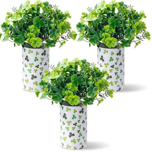 MotiMind 3 Set St. Patrick's Day Table Centerpiece Decor, Includes 3 Irish Round Clover Flower Box, 6 Artificial Shamrock Plants, DIY Faux Clover Arrangement for Irish Saint Patrick's Day