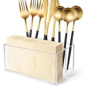 Vowcarol Acrylic Silverware Caddy Cutlery Holder 7.1 x 4.6 x 3.1 inches 4 Compartments Tableware Storage Box for Napkin, Knife Spoon and Fork Holder