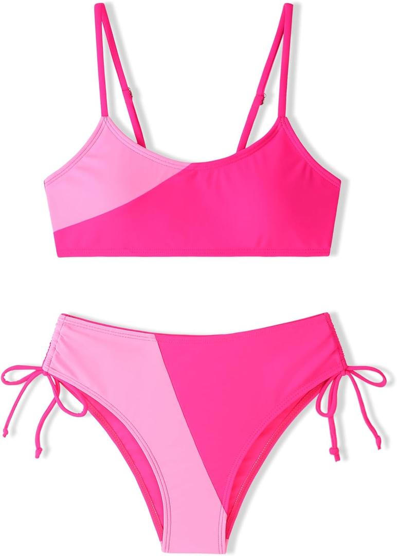 FoWear Girls Swimsuits Bikini Set 2 Pieces Rose Powder Patchwork Color Block Bikini with Adjustable Shoulder Strap Girls Bathing Suits Size 8-10 Rose Pink FoWear Girls Swimsuits Bikini Set 2 Pieces Rose Powder Patchwork Color Block Bikini with Adjustable Shoulder Strap Girls Bathing Suits Size 8-10 Rose Pink