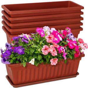 6 Packs Window Box Planter, 17 Inches Flower Window Box Rectangular Plastic Vegetable Planters with Trays for Windowsill, Patio, Garden, Balcony, Brick Red