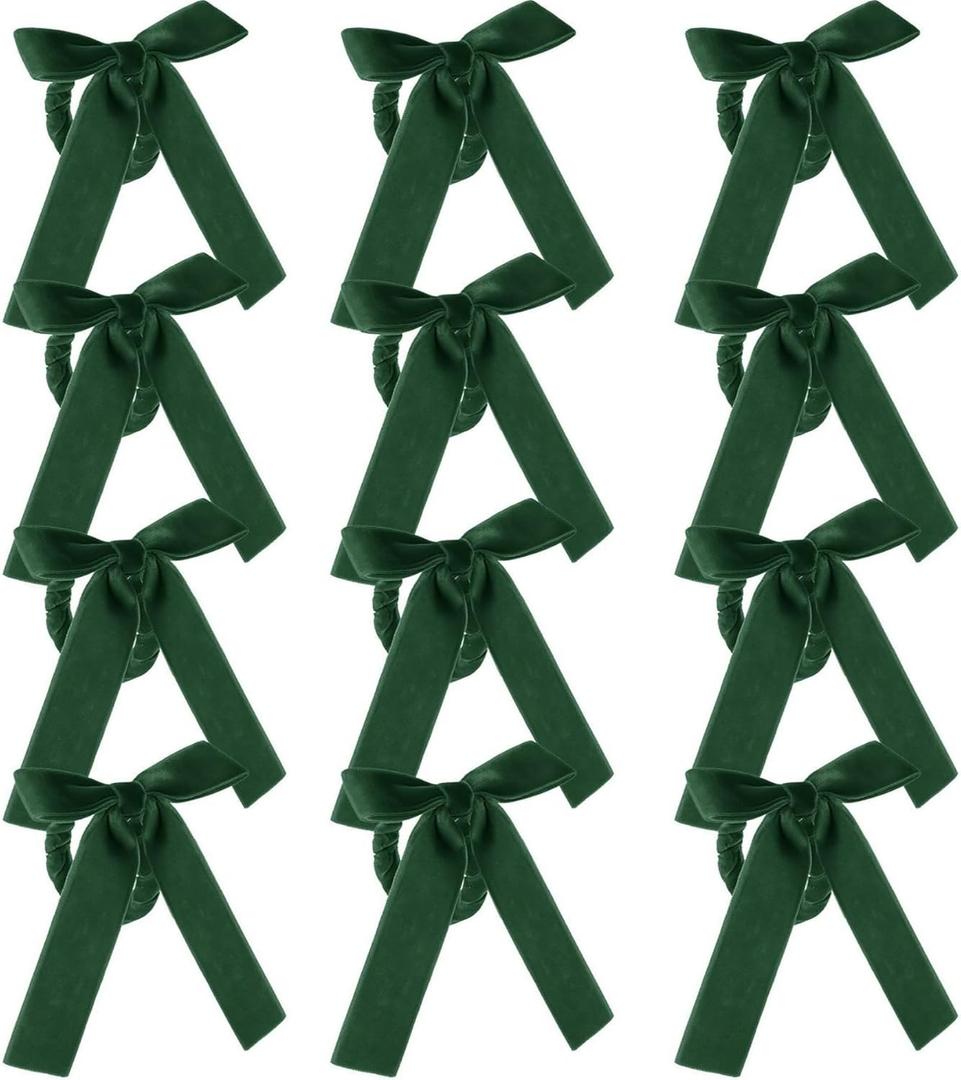Gandeer 12 Pcs Christmas Napkin Rings Bow Velvet Napkin Holders Buckle for Wine Bottles Xmas Candlestick Holiday Birthday Party Anniversary Dinner Wedding Dining Table Decoration(Dark Green)