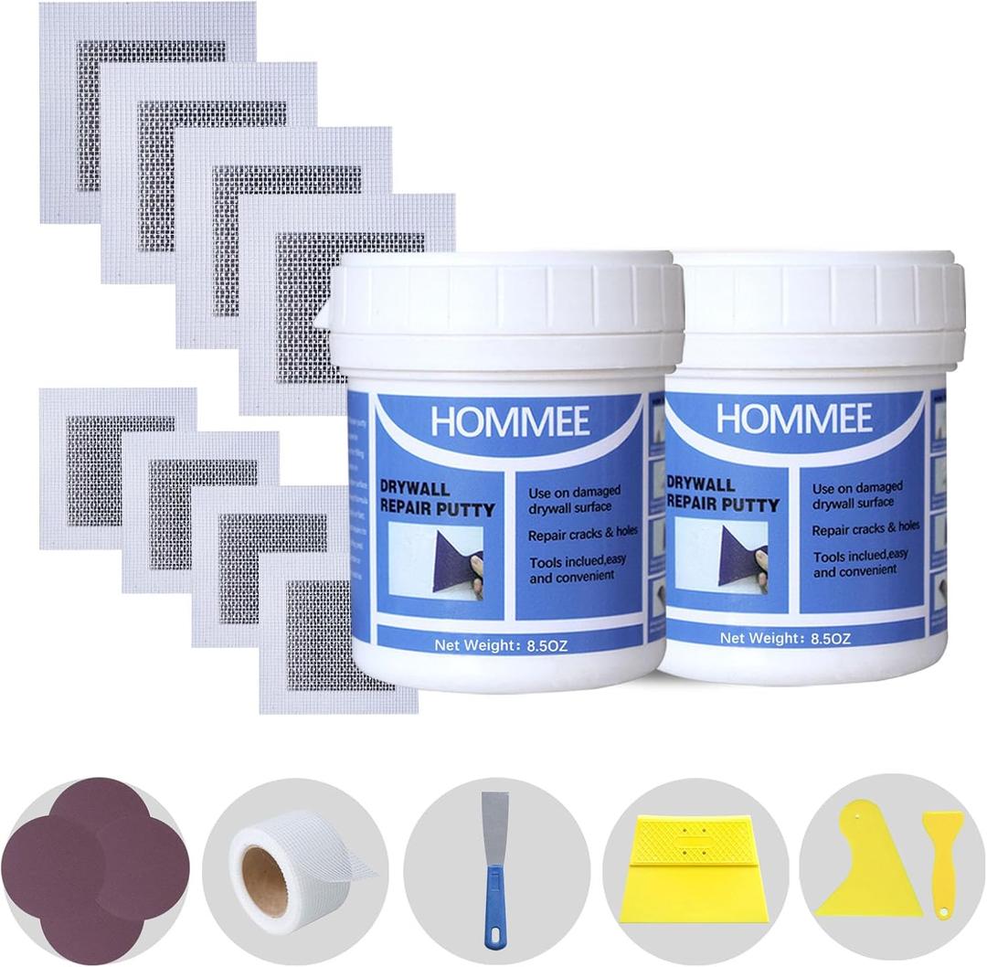 Drywall Repair Kit,Drywall Hole Patch Repair Kit to Fix Wall Surface Holes and Creak Damage with White Repair Putty 17OZ,8PCS Aluminum Repair Patchs,Scraper,Sanding Pad Fill Quick and Easy Solution (19-in-1 SET (2 Cans of Spackle))