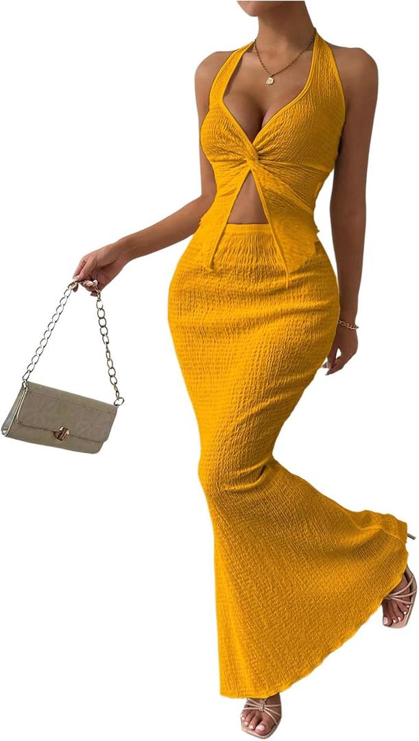SOLY HUX Women's Two Piece Outfits Twist Front Halter Cami Tops and Skirt Summer Set Solid Gold Large SOLY HUX Women's Two Piece Outfits Twist Front Halter Cami Tops and Skirt Summer Set Solid Gold Large