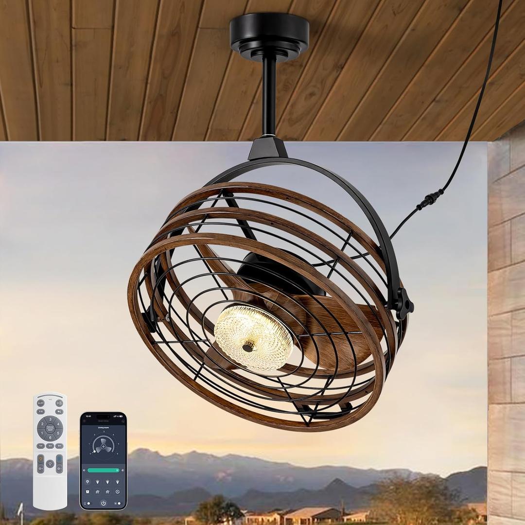 Outdoor Ceiling Fan with Lights, 23 Waterproof Gazebo Fan with Remote Control Smart App, Plug in Caged Ceiling Fan for Patios, Pergola Porch