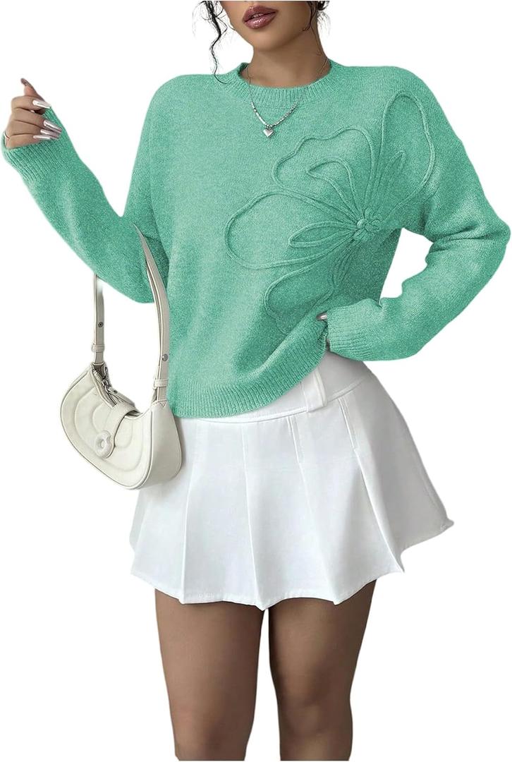 RoseSeek Women's 3D Floral Appliques Crewneck Sweaters Long Sleeve Drop Shoulder Pullovers Elegant Knit Tops (Green) XXS