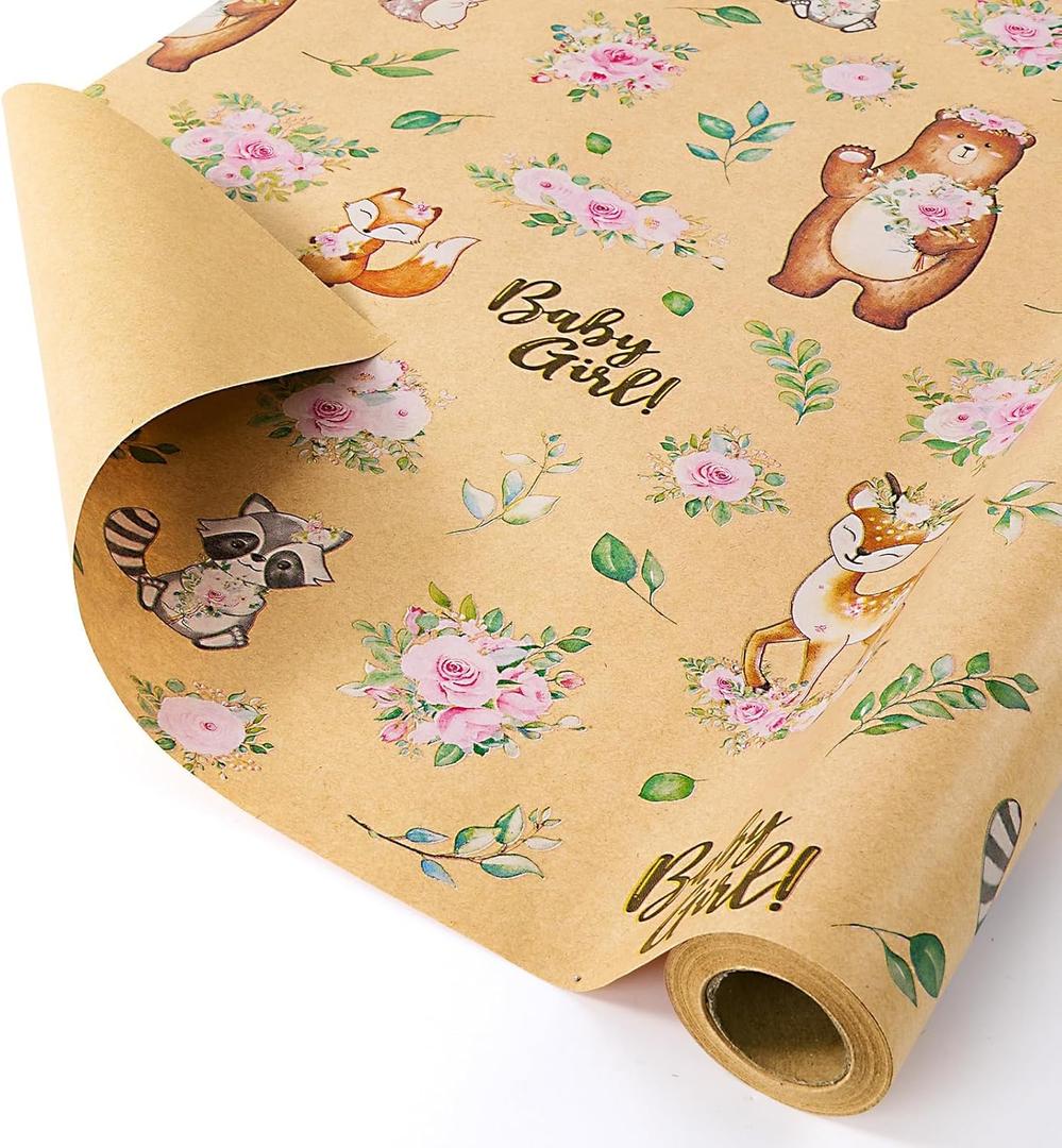 WERNNSAI Baby Girl Kraft Wrapping Paper Roll - 1 Roll 17 x 33 ft Baby Shower Wrapping Paper for Girls Kids Birthday Gift Wrap Supply Woodland Animals Design New Born Party Favor