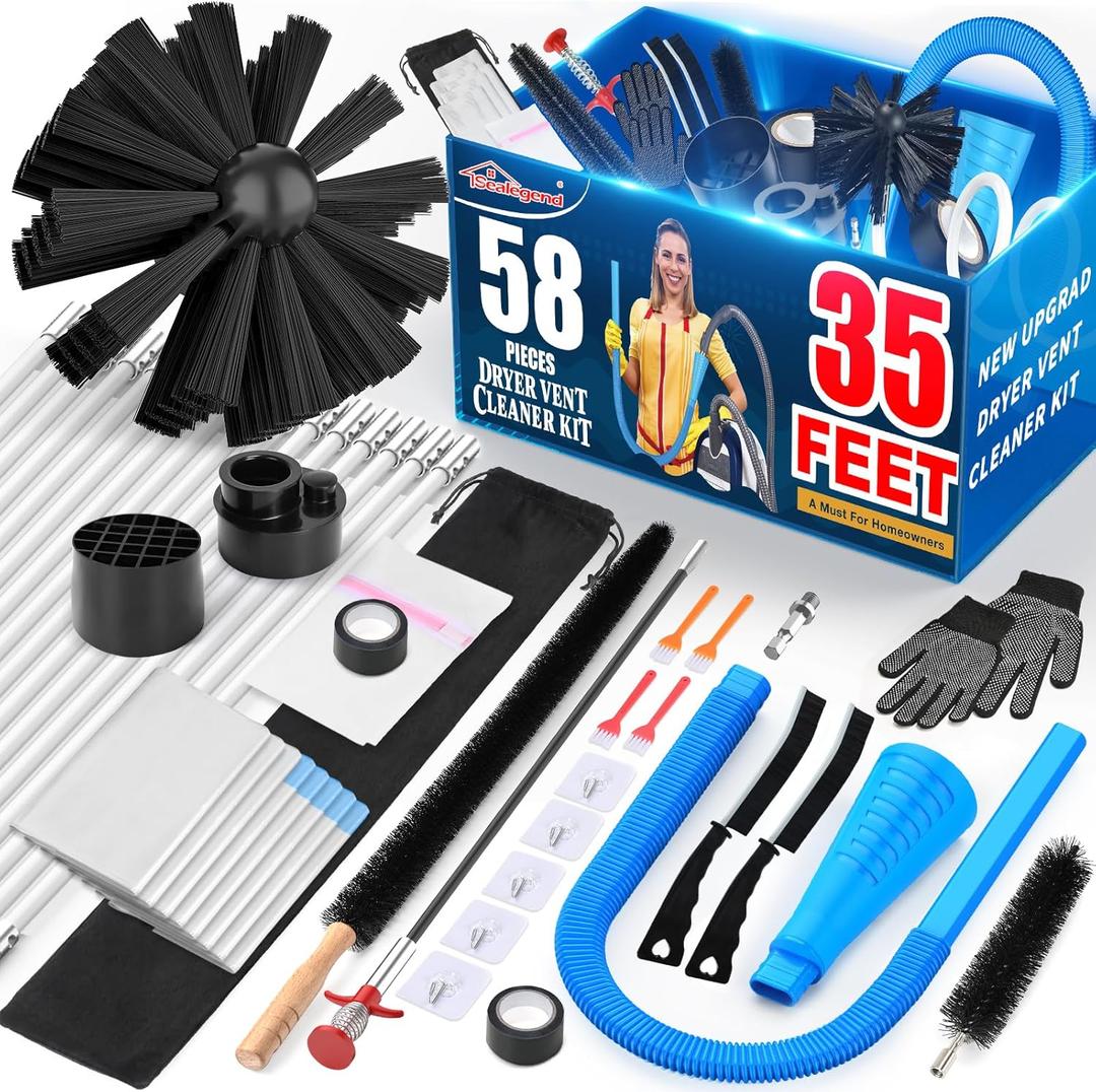 Sealegend 58-Piece 35-Feet Dryer Vent Cleaner Kit, Dryer Cleaning Tools, Includes Omnidirectional Blue Dryer Lint Vacuum Attachment, Dryer Vent Brush, Universal Vacuum & Dryer Adapters