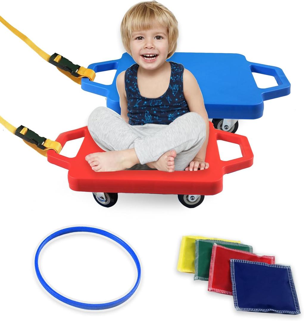 2 Plastic Scooter Boards with Handles for Kids Sitting and Sports Training, with 1 Ring, 2 Ropes and 4 Beanbags, Indoor and Outdoor Play (Red & Blue)
