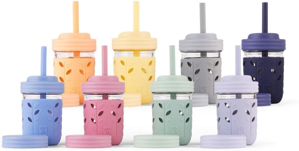Elk and Friends Kids + Toddler Glass Cups | The Original 8oz Glass Mason Jar with Sleeves + Lids | Silicone Straws + Stopper | Smoothie Cup | Food Storage | Spill Resistant | Dishwasher Safe | 8 Pack (Blush/Lilac/Peach/Lemon/MistyBlue/Gray/Sage/Navy)