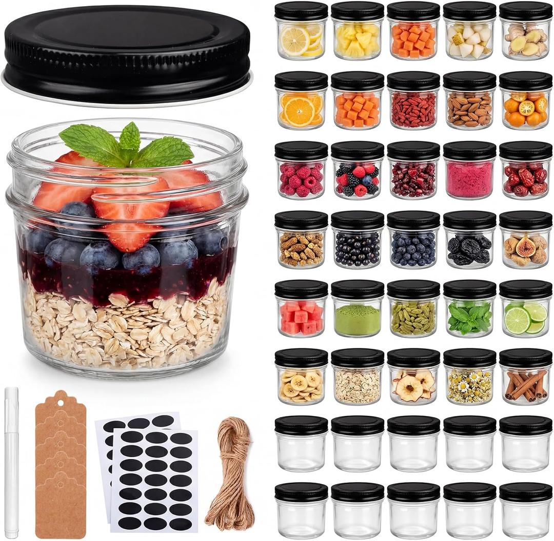 QAPPDA 40 Packs 4oz Glass Mini Mason Jars with Lids(Black), Clear Glass Jars Small Spice Canning Jars for Honey, Jam, Jelly, Wedding Favors, DIY Party Favors, Kitchen Food Storage