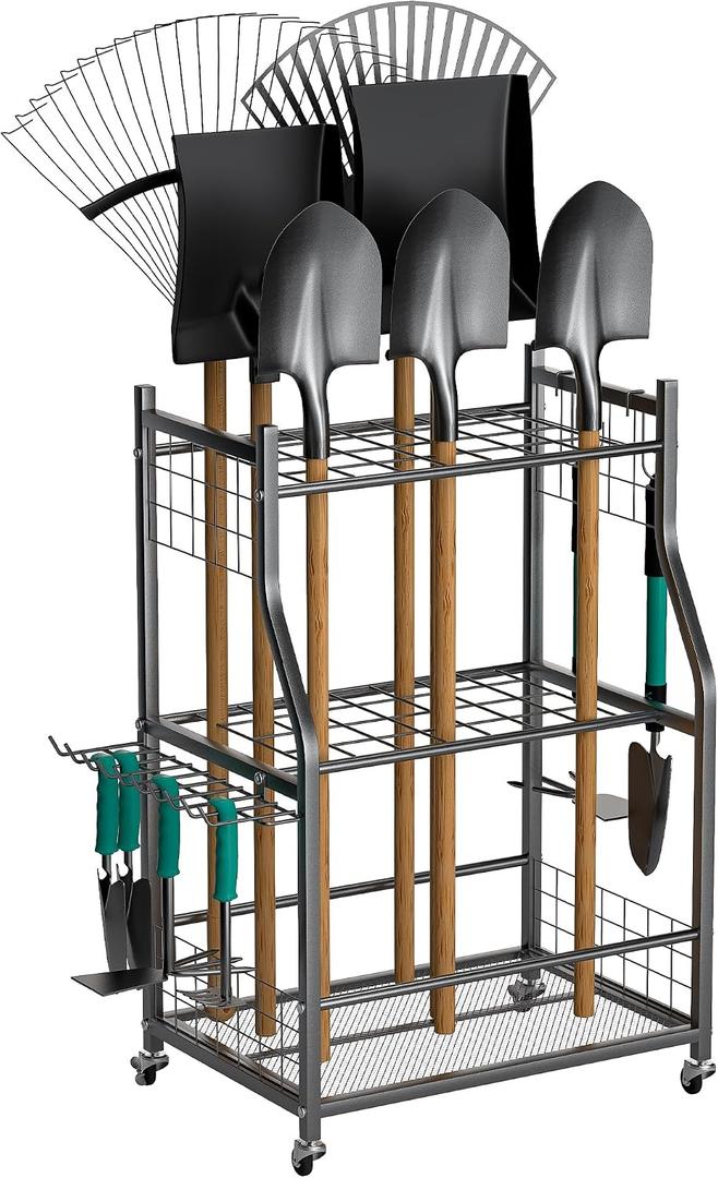 EVERHANGER Garden Tool Organizer Stand, Garage Tool Storage Organization, Yard Tool Racks with lockable wheels, Fit for Long-Handled Tools/Rakes/Brooms, Indoor/Outdoor Use, Medium