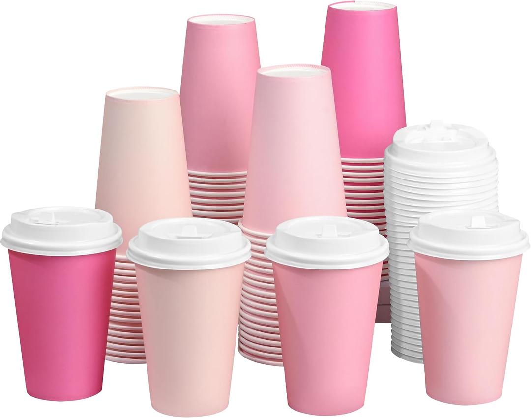 40 Pcs 12 oz Pink Disposable Coffee Cups with Lids Hot Pink Light Pink Gradient Paper Cups for Hot and Cold Beverage Water Juice Coffee Tea Party Wedding Bride Shower Supplies